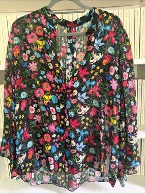 Elie Tahari Black Sheer Floral Button-Front Blouse